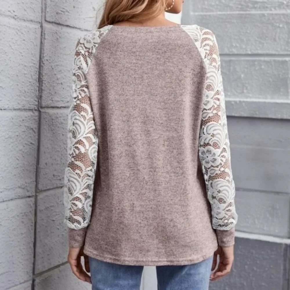 Causal lace details Long sleeved Top MAUVE - Picture 2 of 6